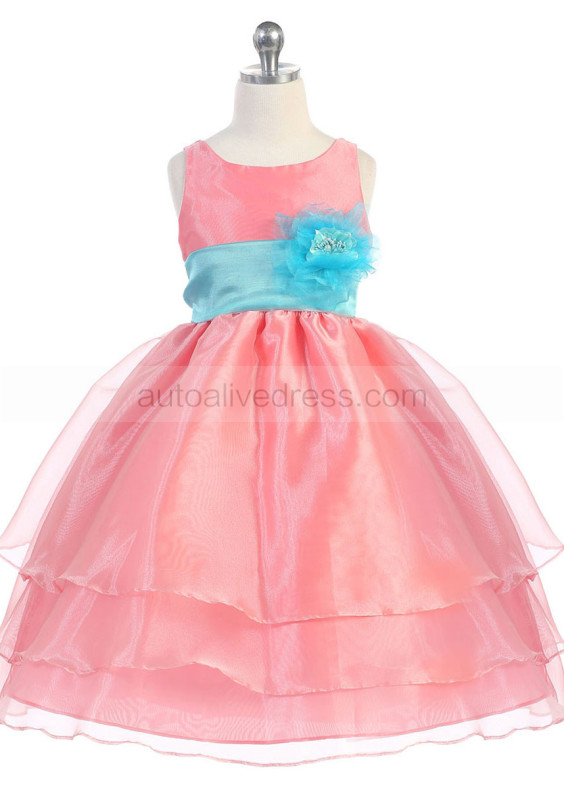 A-line Organza Tea Length Tiered Flower Girl Dress With Flower Sash